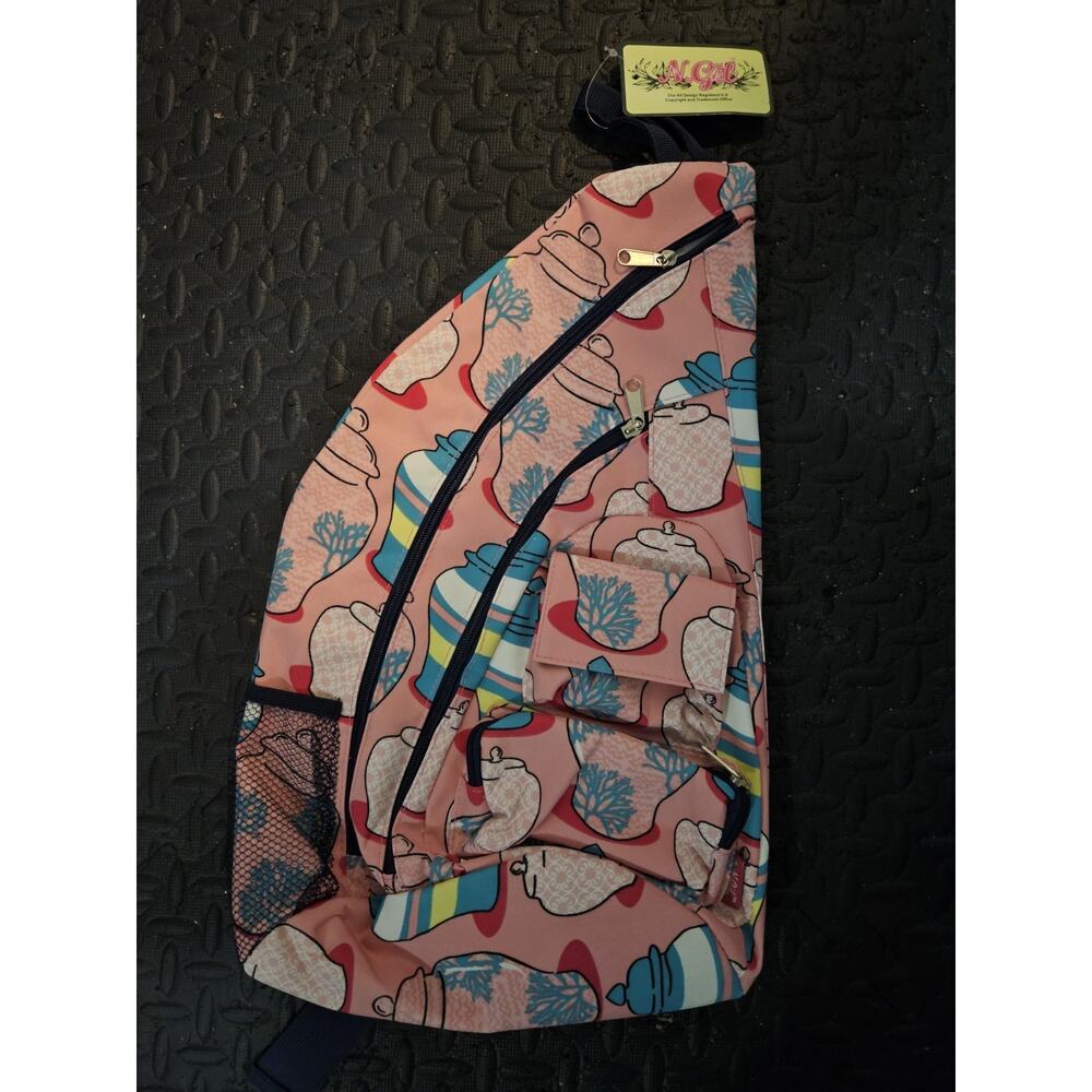 N. Gil Sling Backpack Pink Pots Multiple Pockets W/‎ Navy Strap NWT